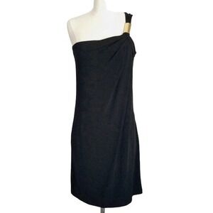 NWT Michael‎ Kors Silky Black Cocktail Dress- One Shoulder Gold Ring- Size 4